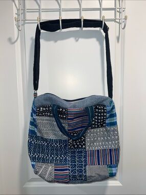Rafe New York Patchwork Blue Boho Tote Bag with Adjustable Strap